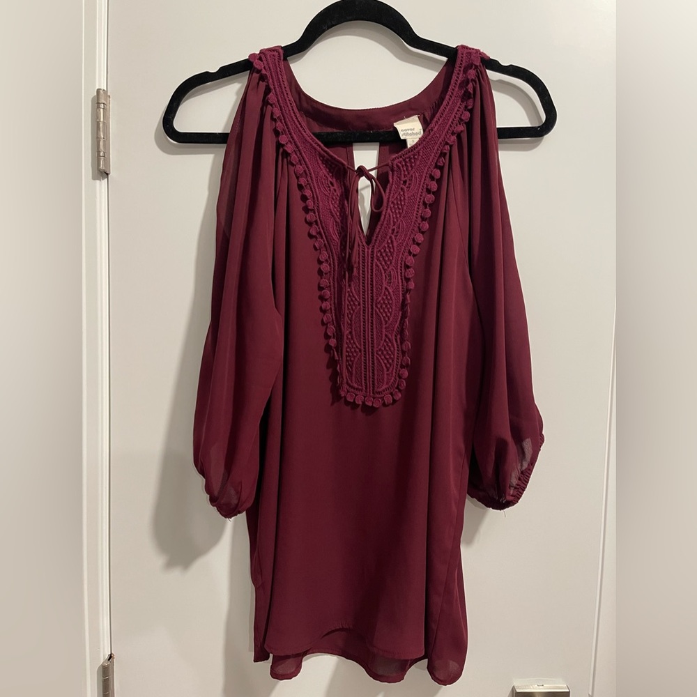 Red Smocked Tie Front 3/4 Sleeve Blouse